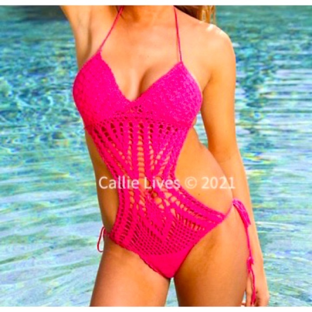 Callie Fuchsia: Pink Crochet String Tied Monokini SAMPLE L